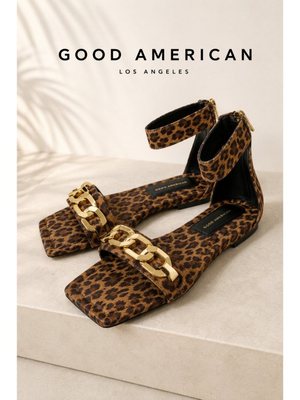 Good American Leopard Print Chain Flat Sandals Size 7.5 Square Toe Ankle Strap N
